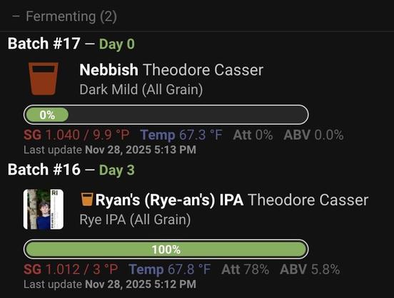 A picture of part of a Brewfather dashboard, from the Batches panel, showing data on two beers in the midst of fermenting - a dark mild named Nebbish (batch #17) which hasn't really started fermenting yet, and a rye IPA named Rye-an's IPA (batch #16) which is 'mostly' done after 3 days.