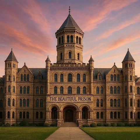 A large, castle-like prison building with the sign "The Beautiful Prison" on the front, under a pink and orange sunset sky.