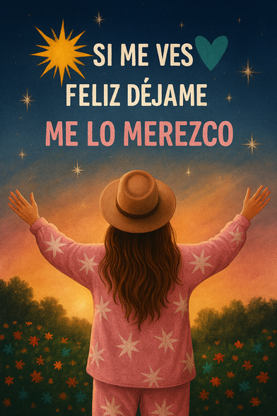 Una ilustración con un estilo retro/vintage y colores cálidos que representa una escena nocturna con un mensaje positivo.

Sujeto: Una persona (vista desde la espalda) con pelo largo y castaño, lleva un sombrero de ala ancha y ropa de dormir o un conjunto casual de color rosa pálido con motivos de estrellas blancas. Tiene los brazos levantados y extendidos hacia el cielo, en una postura de celebración o gratitud.

Fondo: La persona está de pie en un campo o jardín con flores de colores, bajo un cielo crepuscular u oscuro, lleno de estrellas brillantes y un sol o estrella explosiva en la esquina superior izquierda.

Texto y Mensaje: En la parte superior, hay una frase motivacional en español, escrita con letras grandes de colores blanco y rosa: "SI ME VES FELIZ DÉJAME ME LO MEREZCO" (Si me ves feliz, déjame; me lo merezco). También hay un pequeño corazón turquesa sobre el texto.

La imagen transmite un mensaje de autoafirmación, alegría y paz personal.