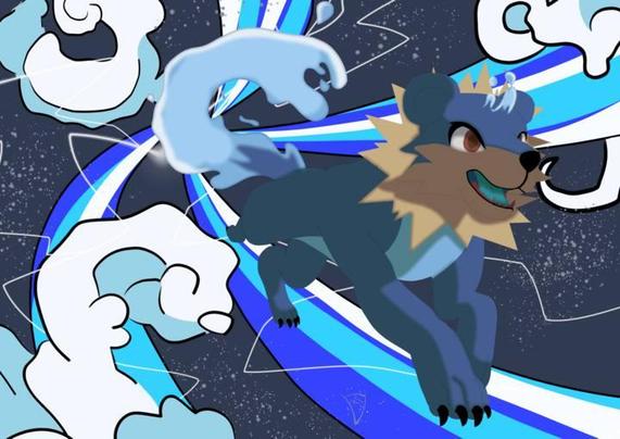 A vibrant cartoon dog with electric blue fur and a fluffy mane charges forward, ready to unleash an electric water attack. Its tail twists like a wave, and playful clouds swirl around it, creating a dynamic and energetic scene. The dog's expression is fierce yet playful, capturing a spirit of adventure.