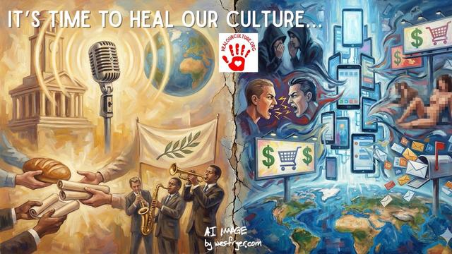 The image contrasts two scenes representing cultural healing and decline. On the left, symbols of community, music, and nourishment are depicted, including a microphone, loaf of bread, and musicians. The right side shows a chaotic digital landscape with smartphones, arguments,