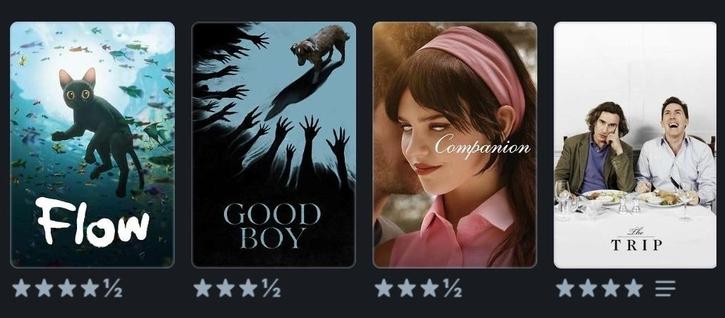 A row of four movie posters representing the most recent films I have watched as logged on Letterboxed, a movie cataloging and review site. 

From left to right they are: 

Flow - 4.5 stars
Good Boy - 3.5 stars
Companion - 3.5 stars
The Trip - 4 stars