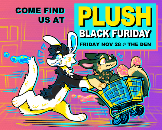 A colorful drawing advertising "PLUSH Party: Black Furiday" that features two noodly creatures stealing a shopping cart.