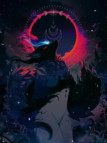 image is a digital illustration of an anthropomorphic caninelike character folding their hands over their chest, head titled upward with closed eyes, as a ruby eclipse looms in the darkened sky behind them.