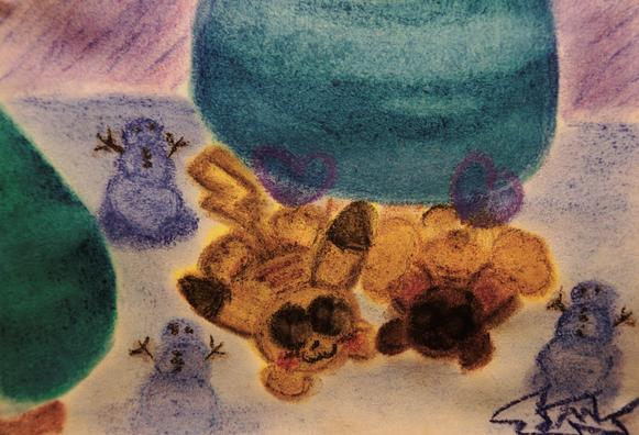 A chalk drawing of Pikachu and Buneary holding paws under a tree in the snow. There are snowmen strewn about the scene.