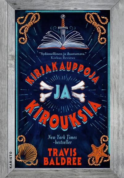 Kirjakauppoja ja kirouksia -kirjan kannessa on harmaan puisen kehikon sisällä kirjan nimi, sen keskellä ja-sanan takana ristikkäiset luut, kulmissa merellisiä simpukka-, meritähti- ja köysikoristeluja ja kuva avoimesta kirjasta, josta nousee esiin miekka.