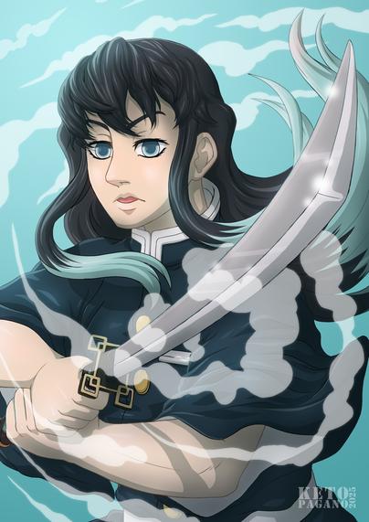 Tokito from Demon Slayer with a katana and mist