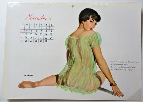 Illustrated pin-up calendar page from November 1953. It shows a brunette in a transparent green negligee and thigh high black stockings. She looks over her shoulder at the viewer, her eyebrow arched in a come-hither glance. The discrete pose shows little while leaving tantalizing implications for the imagination.