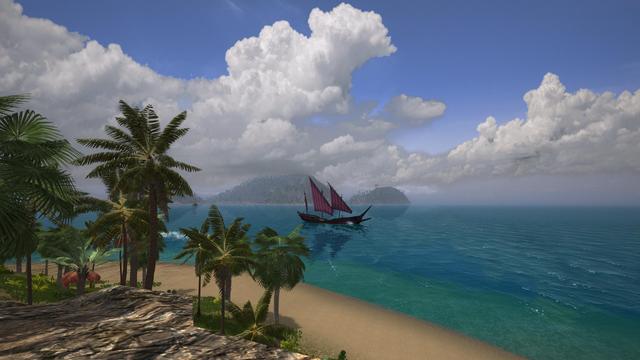 A view of the Cape of Umbar in LOTRO.
A gorgeous, sandy beach leads to a beautiful blue-green ocean. A single skiff-like boat is travelling from left to right on the picture. The sky is blue with large, fluffy clouds coming in from the left.