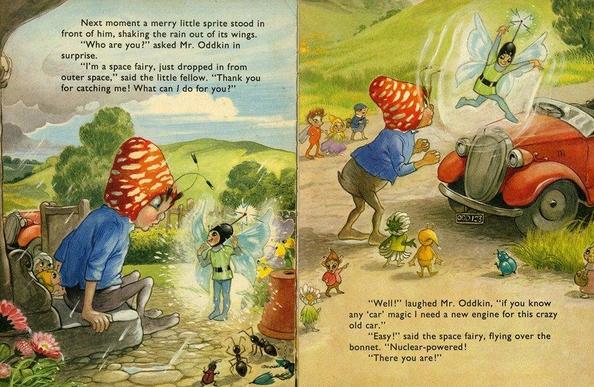 Space fairy converting a broken-down car to nuclear power in vintage children's book.