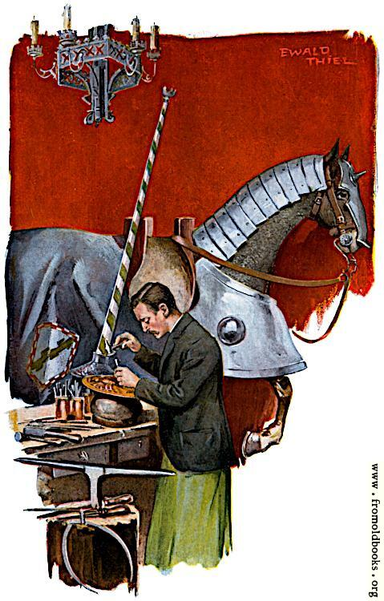 A vintage illustration from c. 1900.

A man with short back and sides hair, a suit jacket, and what looks like a green dress but is probably an apron, uses a small hammer with a chisel on a shield. In the background plate armour for a war-horse. Above, a mediæval-style chandelier.