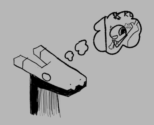 simple black-on-white digital drawing. it's some synth-like robot with a blank expression. they're thinking of the image of konqi from the KDE about menu.