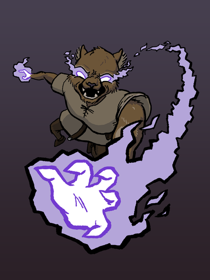 The colored version of the same drawing of Viola leaping at the viewer, slashing with her magically-enhanced claws. She is weakly lit from above, as if by moonlight, with shadows and the occasional highlight rendered as flat, cel-style shading. In the low light, her fur appears a medium brownish tan. Her tunic is beige, and her trousers, belt, and shoes are brown.

Viola's eyes and hands glow a purplish near-white, their outlines bright purple, and the magic effect surrounding them a lilac or lavender purple. The magic casts a pale light on Viola's arm and around her eyes, as well as a glint on the metal of her belt. The background is a gradient from a medium grayish purple to a darker, more saturated, brownish purple.