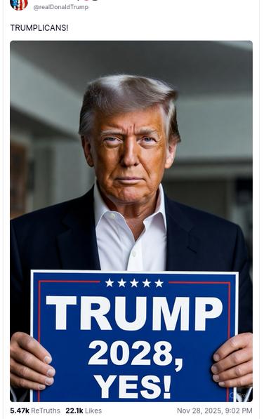 DemmentiaDon's secret reads: "TRUMPLICANS" He posted an edited picture of himself below, in which he is hacking a sign that says: "Trump 2028 Yes"