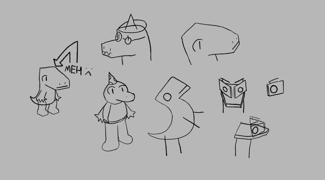 series of simple black on white drawings.

a short small anthro dino. an arrow is pointing to it saying "meh".

a head of a nerdy wizard dragon.

a dino head, with a more narrow snout and some fancy eyes.

an anthro duck wearing a party hat.

a really simple drawing of a dino, sawyed back, arms flailing

some robot thing with a flat head and eyes for screens that are vertically placed on top of their head.