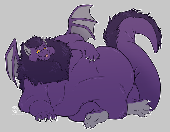 A chubby purple dragon with a fuzzy mane rests on their side and looks at the camera with a lil tongue blep.