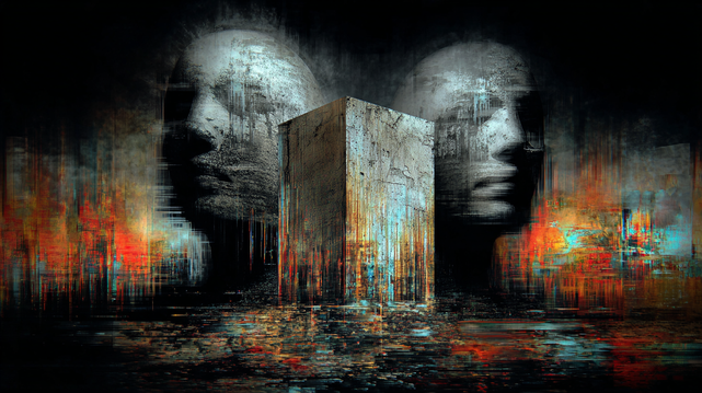 🇫🇷 Un monolithe central se dresse entre deux visages sculpturaux érodés, comme un monument silencieux gardant la mémoire d’une ville en flammes chromatiques.
🇬🇧 A central monolith stands between two eroded sculptural faces, like a silent monument guarding the memory of a city in chromatic flames.