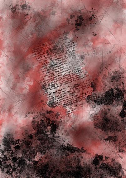 Abstract digital art featuring, at its core, a dictionary extract focusing on definitions for flesh and blood, surrounded by and overlayed with blurred layers of faded red, black and white, splatters of black paint and decaying black texture, all interlaced with fine black spicules surrounding the text extract