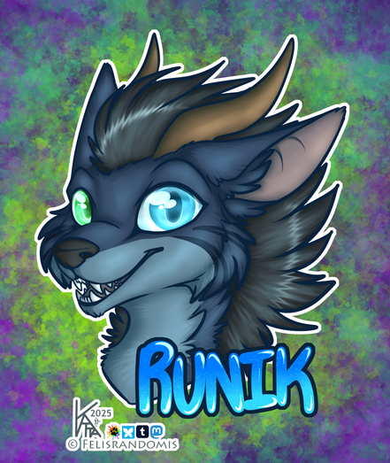 Digital art of a furred dragon character made for a convention badge. Name on the badge reads "Runik"