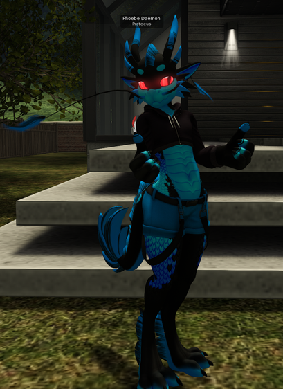 A screenshot of SecondLife, showing my avatar - the Orange Nova Snaggletooth Kobold, modded to be a blue eastern dragon with red eyes