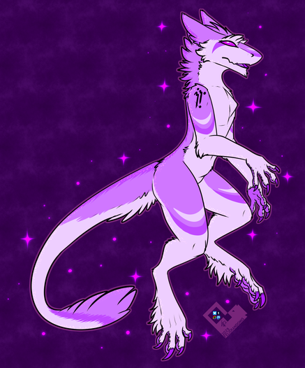 Digital art of a sergal character in a general standing/floating pose. Their colors have been altered into purple hues and have started to glitter due to being integrated into the Enderen Taiga.