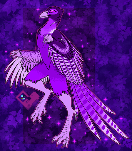 Digital art of a Pheasant character in a general standing/floating pose. Their colors have been altered into purple hues and have started to glitter due to being integrated into the Enderen Taiga.