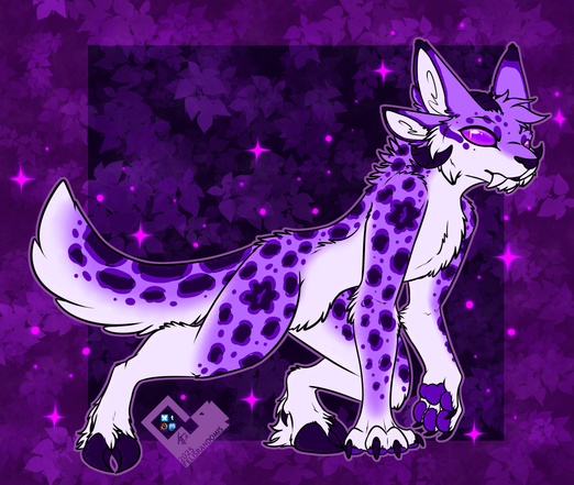 Digital art of a Catyr (cat/satyr) character in a crouched pose, their colors have been altered into purple hues and have started to glitter due to being integrated into the Enderen Taiga.