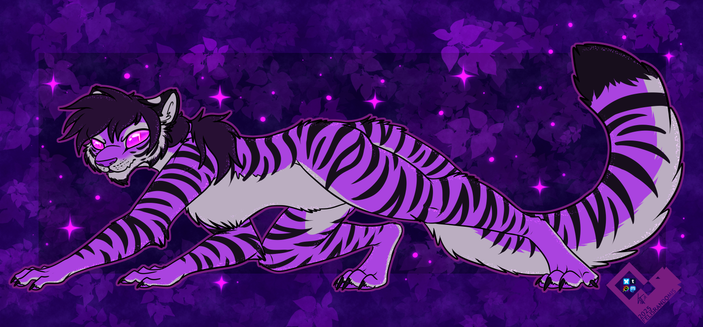 Digital art of a tiger character in a crawling pose. Their colors have been altered into purple hues and have started to glitter due to being integrated into the Enderen Taiga.