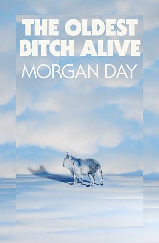 Book cover of 'The Oldest Bitch Alive'. It's a blue cover, with kind of a cloud pattern, maybe it's all being reflected, maybe it's glass, maybe there's a boundary of some sort, it's a little abstract. In the middle there is a French bulldog, looking away from the viewer, shadow falling over the background. The title and author name are at the top in white.