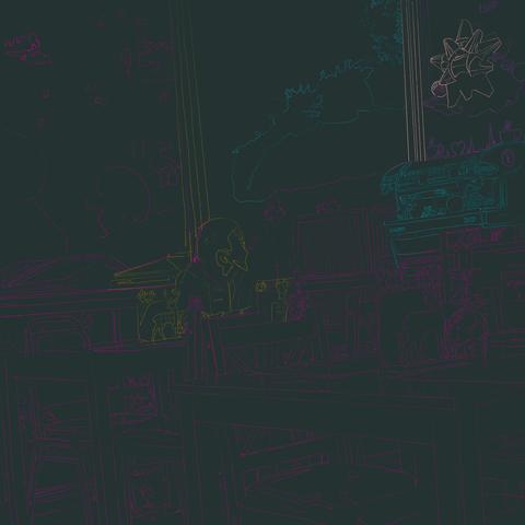 Gray background with colourful outline of a coffee shot with a large window and tables filling the space. At the table closest to the windows, a college aged chicken person has her head bent down as she's reading something. On the wall to the right there is a large bow. Below it, the café's old espresso machine sits on a counter. It is now decorated with large red baubles.