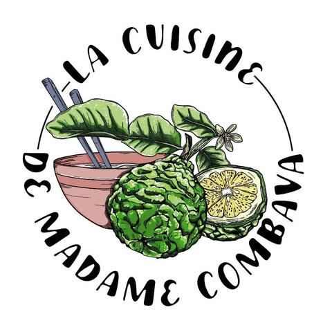Logo "La cuisine de Madame Combava", texte en cercle autour d'une illustration colorée représentant un combava entier posé à côté d'une moitié, ses feuilles, sa fleur, et un bol avec des baguettes.