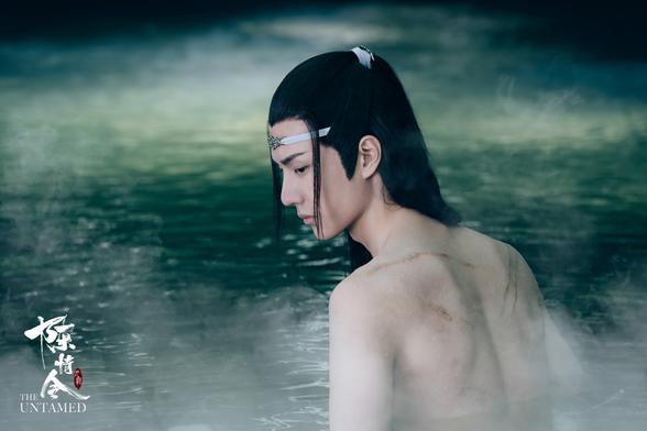 Lan Wangji in the Cold Spring in the Cloud Recesses. His back is covered in punishment scars.