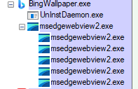 A screenshot of a process tree in Process Explorer showing: BingWallpaper.exe, UnlnstDaemon.exe, msedgewebview2.exe, msedgewebview2.exe, msedgewebview2.exe, msedgewebview2.exe, msedgewebview2.exe, and msedgewebview2.exe.