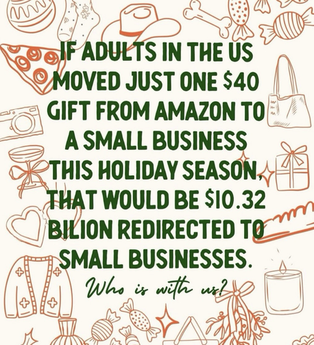 If every adult in the US moved just one $40 gift from Amazon to a small business this holiday season, that would be $10.32 billion redirected to small businesses