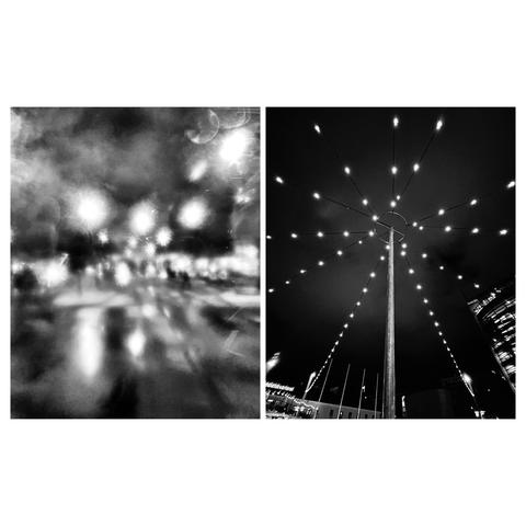 A diptych: left side shows blurry street lights photographed through a bus window; right side presents clear night view of a circular light installation with glowing bulbs.