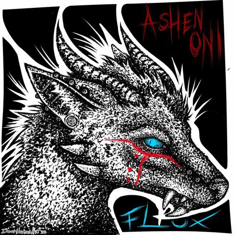 Digital stippled headshot of a demon (jackal crow hybrid) with blue eyes and horns and protruding fangs.
Text reads:
Ashen Oni, Flux

Artfight attack for Ashen_Oni_Creations