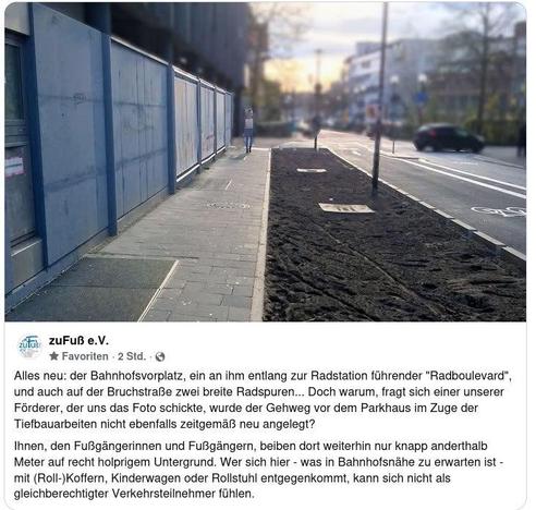 Beitrag der Verkehrsinitiative zuFuß e.V. vom 27.11.2025 via Facebook.
Es wird gefragt, warum bei einer Neugestaltung des Bahnhofsvorplatz in Osnabrück zu Gunsten des Radverkehrs nicht auch die Gehwege neu gemacht wurden.