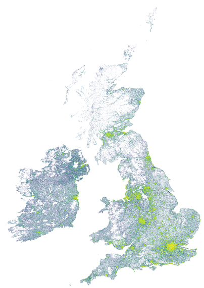A map showing predicted population density change in the UK and Ireland between 2025 and 2030 in Viridis where darker colours are population reduction and lighter green or yellow indicate population growth
