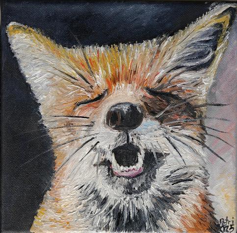 A close-up oil painting of a fox with its eyes closed and mouth open in what looks like a joyful expression. Thick, textured brushstrokes in warm orange, white, and brown tones define its fur. The fox's nose is centered in the frame, and dark whiskers radiate outward. The background is dark on the left and lighter on the right, making the fox’s bright face stand out.