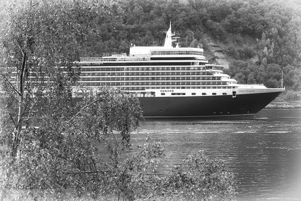 This is a black and white photo in landscape format of a large cruise ship anchored in Geirangerfjord, Norway (2015).

In the foreground, running diagonally from the top left corner downwards towards the lower right corner is a large tree with sparsely spaced branches and leaves allowing the viewer to see beyond. From the lower right corner and rising upwards to around the halfway point are the still and dark waters of a deep Norwegian fjord. Anchored in this fjord is a large crusie ship, the starboard (right) side viewed in profile, with her bow nearly touching the right edge of the image and the rear section out of view beyond the left margin of the photo. The ship has a black hull with the superstructure above being white. On the lower white part is the ships name in bold black lettering near the bow: 'QUEEN ELIZEBETH' and the shippping line's name about thirty metres aft: 'CUNARD'. Seven main deck are in view above the black hull, all with balconies. There are two smaller covered decks above the bridge area, only stretching aft a short distance, say thirty metres. Above is an array of radar and radio antennas. Beyond our ship is the steep sided wall of the fjord, with some bare rocks showing, but mostly covered in a dense and dark mass of trees. 

The 295 metre long Queen Elizebeth and two other large cruise ship were all moored at the head of the Geirangerfjord, a practice I understand will end in 2026 when Geiranger becomes Zero Emission.