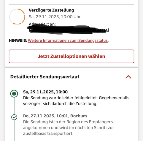Sendungsverfolgung - verzögerte Zustellung wegen Fehlleitung
