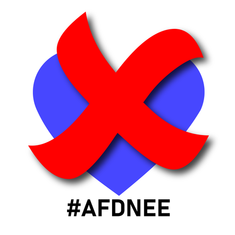 Ein Piktogramm, von mir erstellt: Ein blaues AfD-Herz ist dick in rot durchgestrichen. Darunter der Hashtag #AFDNEE.