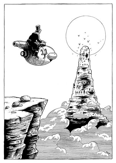 Un personnage habillé à la mode du 19ème siècle et coiffé d'un chapeau haut-de- forme, survole une falaise à bord d'une machine volante. Au loin, émergeant des nuages on aperçoit les ruines d'une tout de pierre antique. Autour de son sommet volent des nuées d'oiseaux.

A figure dressed in 19th-century fashion and wearing a top hat flies over a cliff in a flying machine. In the distance, emerging from the clouds, are the ruins of an ancient stone tower. Flocks of birds fly around its summit.