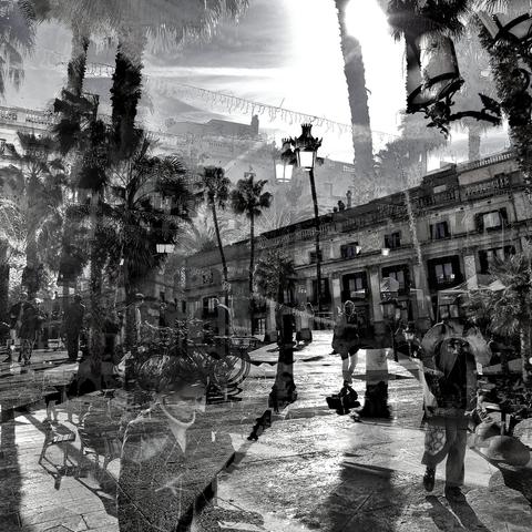Barcelona digital edited double exposure street photography, made with the GNU Image Manipulation Program.