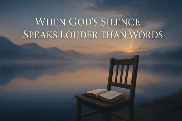 Peaceful lakeside scene at dawn with empty wooden chair and open Bible beside still water reflecting golden sky, with text "When God's Silence Speaks Louder Than Words"