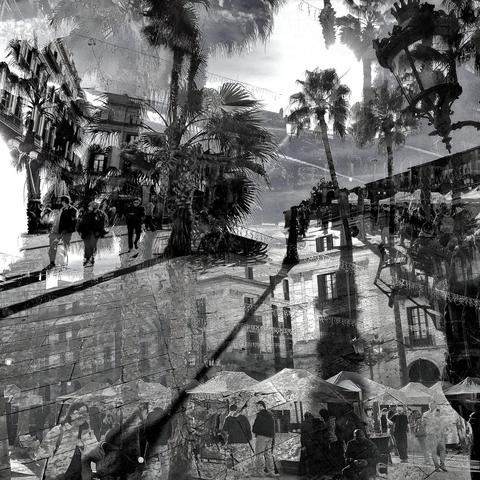 Barcelona digital edited double exposure street photography, made with the GNU Image Manipulation Program.