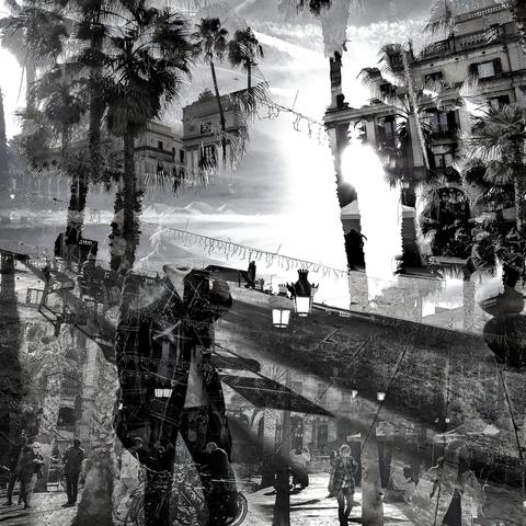 Barcelona digital edited double exposure street photography, made with the GNU Image Manipulation Program.