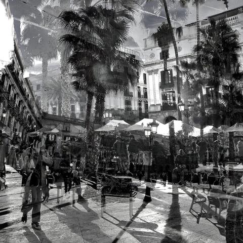 Barcelona digital edited double exposure street photography, made with the GNU Image Manipulation Program.