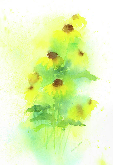 Yellow coneflowers is a watercolor painting in vertical format painted by artist Karen Kaspar. Beautiful yellow coneflowers, also known as black eyed susans, are growing in a summer garden. They are painted in a fresh loose style in this watercolor painting