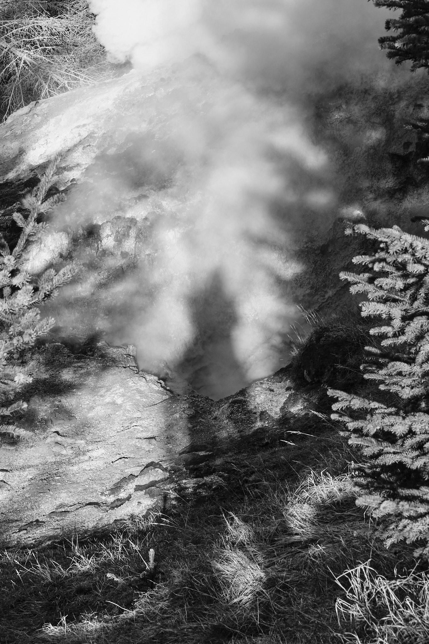 The shadow of the photographer over a steam plume.